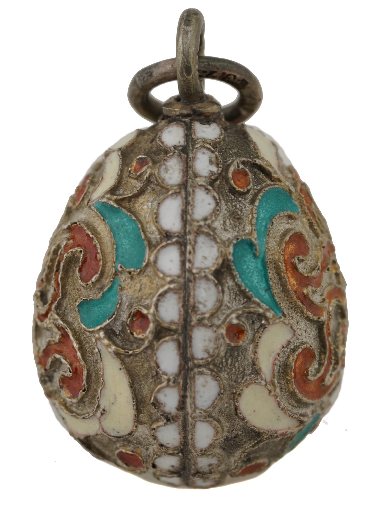 RUSSIAN GILT SILVER CLOISONNE ENAMEL EGG PENDANT PIC-3